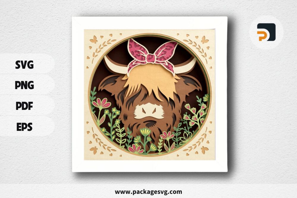 3D Highland Cow Shadow Box