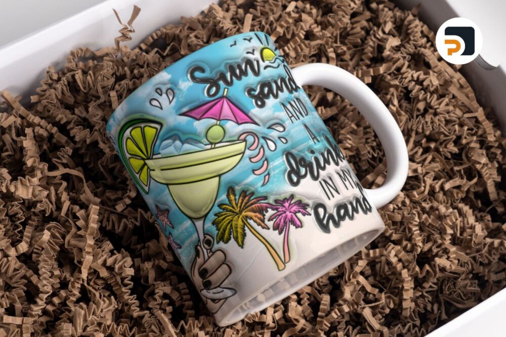 3D Inflated Sun Sand And A Drink In My Hand Mug Wrap, 11oz & 15oz