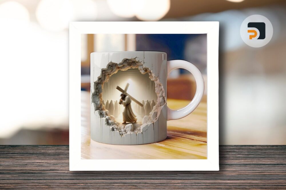 3D Jesus and Cross Hole Wall Cracked Mug Wrap 11oz & 15oz