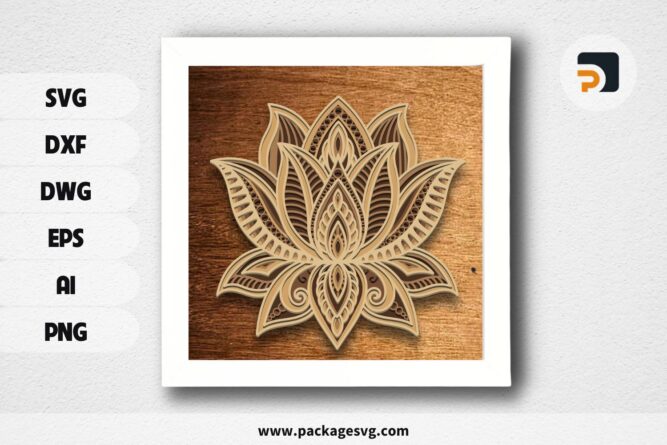 3D Lotus Mandala SVG, Lotus Flower paper cut, Lotus Plywood cut