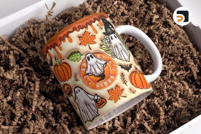 3D Orange Spooky Vibes Inflated Mug Wrap Sublimation Design 11oz & 15oz