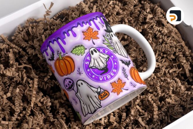 3D Purple Spooky Vibes Inflated Mug Wrap Sublimation Design 11oz & 15oz