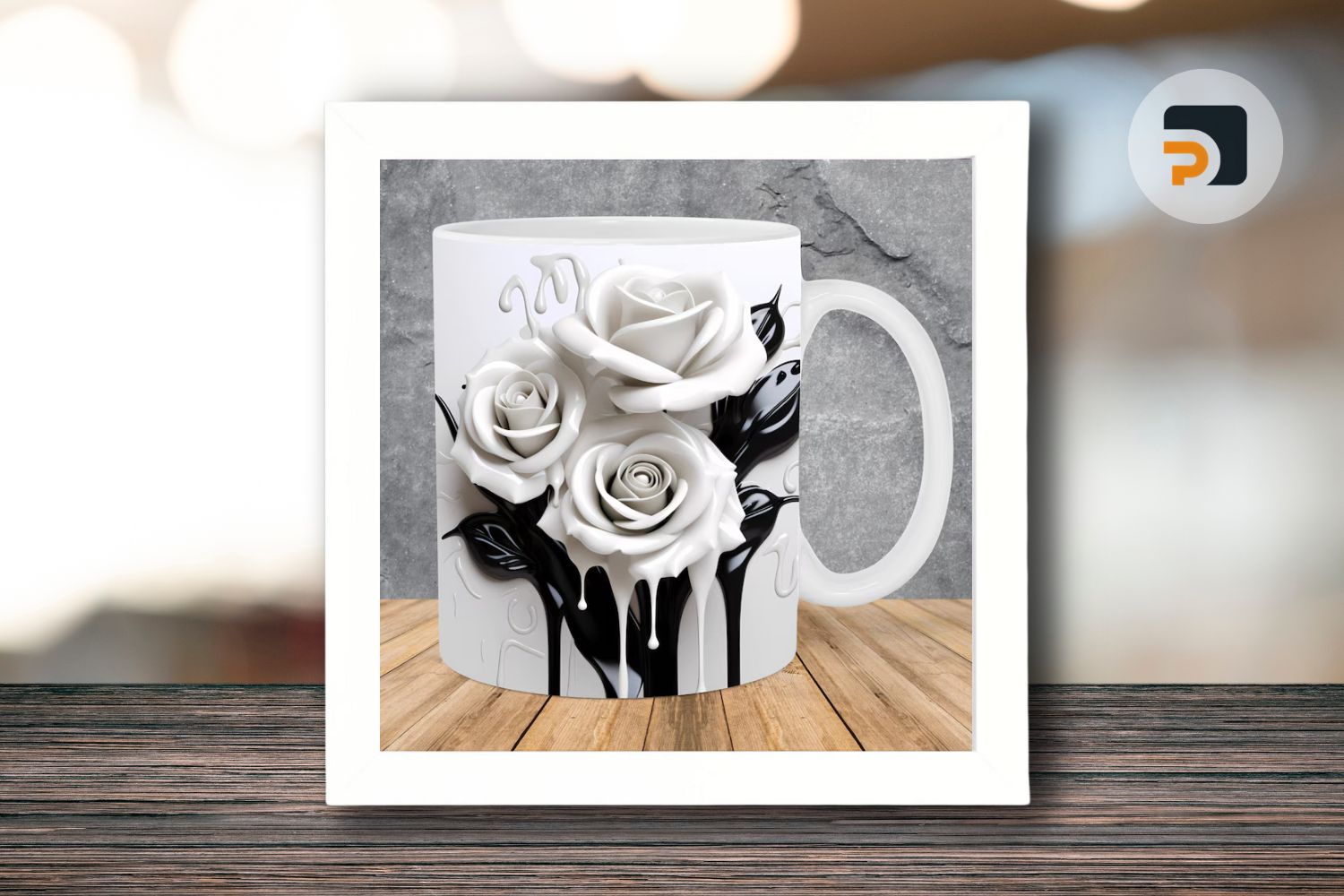 3D White Black Paint Flowers Mug Wrap 11oz & 15oz Mug Template