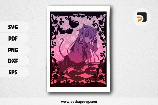 Anime Schoolgirl Shadow box SVG Template, Neko girl Papercut Lightbox cricut SVG