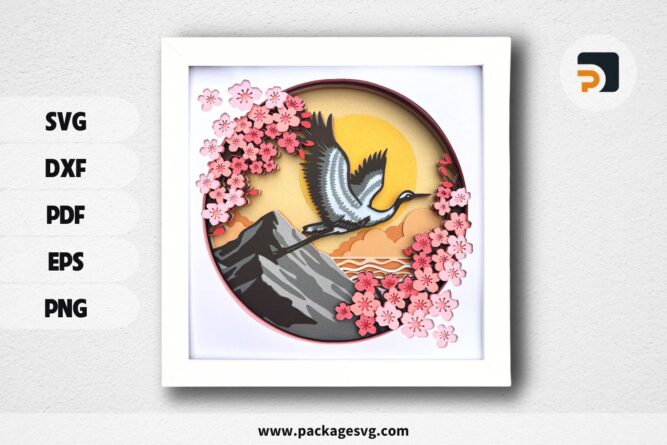 Japanese Crane shadow box svg, Cherry Blossom shadow box svg