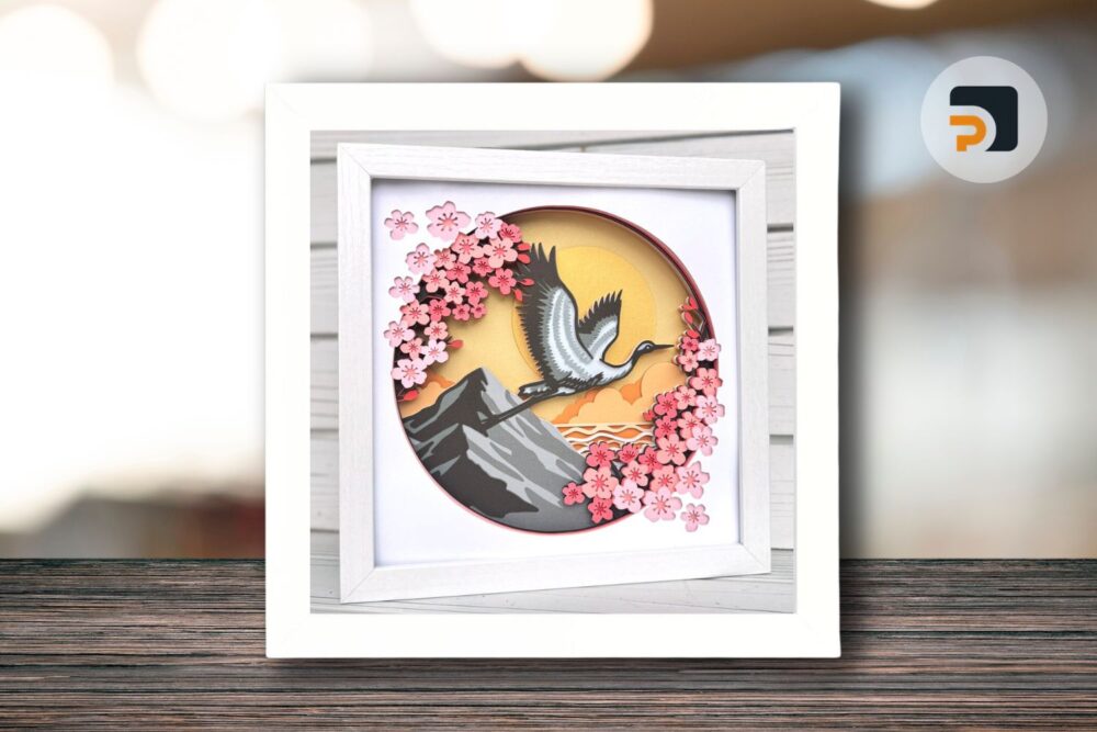 Japanese Crane shadow box svg, Cherry Blossom shadow box svg