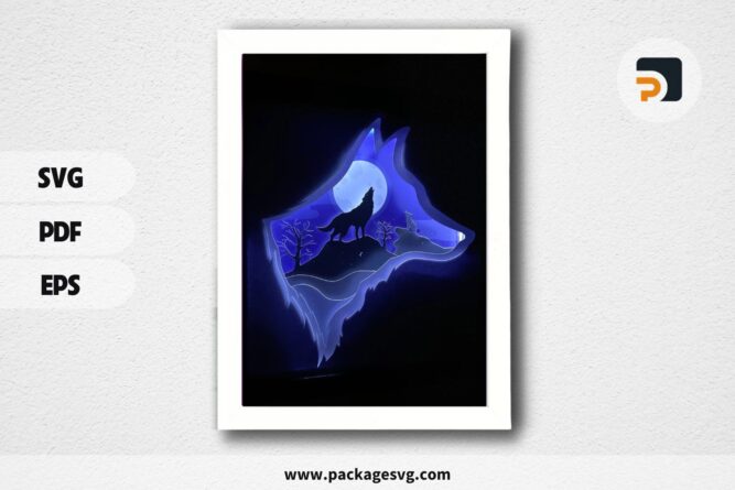 Wolf mountain, 3D Paper Cut Light Box Template, SVG Digital Download Files