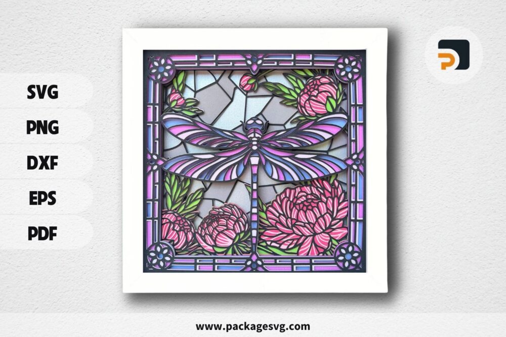 Dragonfly Stained Glass shadow box svg, Flower shadow box svg