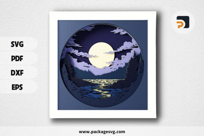 Full Moon on the Lake Shadow Box SVG, 3D SVG Shadow box