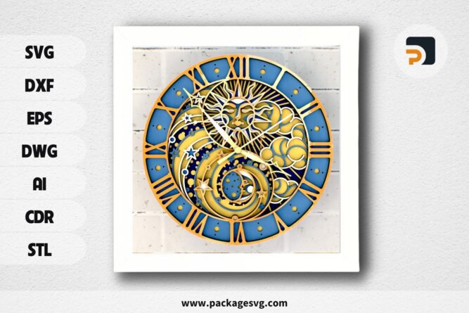 Sun and Moon Clock SVG, 3D Mandala Laser Cut Files