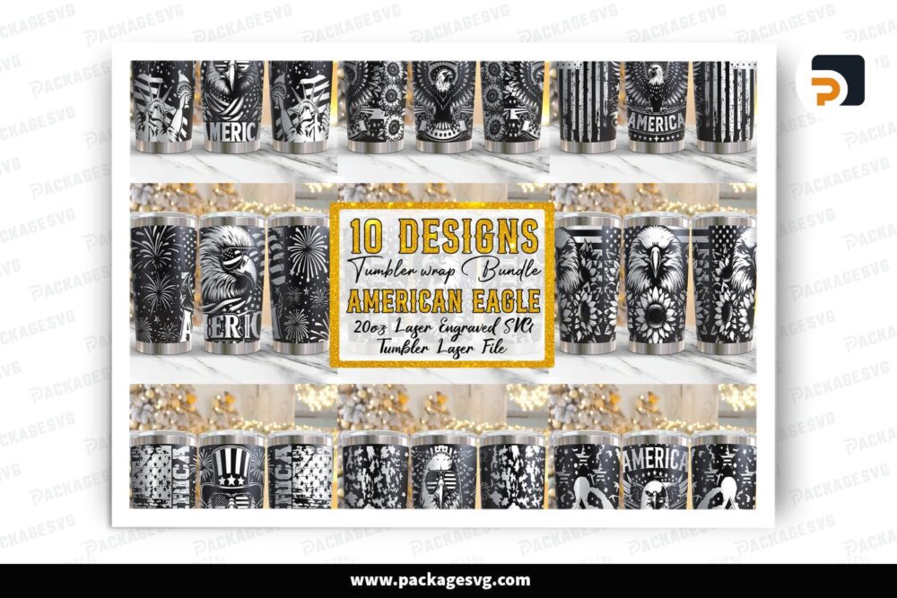 10 American Eagle Tumbler Wrap Designs, 20oz Laser Engraving SVG Bundle