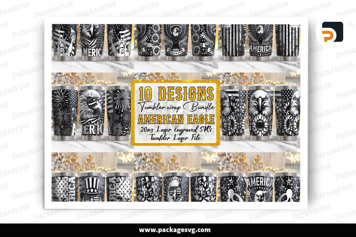 10 American Eagle Tumbler Wrap Designs, 20oz Laser Engraving SVG Bundle