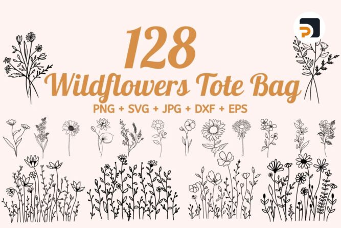 128 Wildflower Tote Bag SVG Bundle, Floral Sketch Designs for Cricut & Glowforge