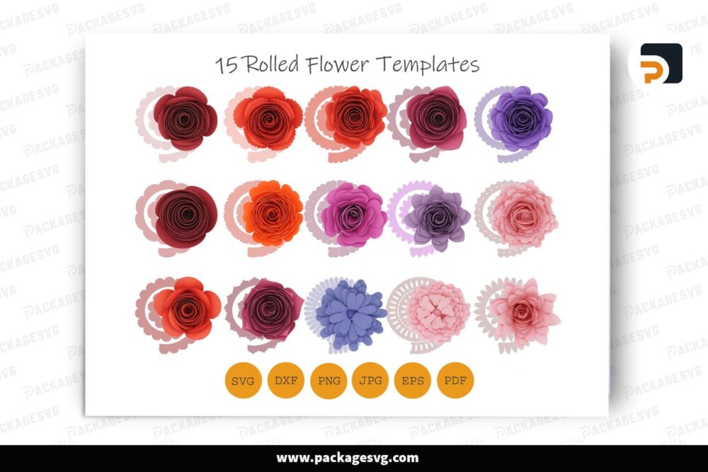 15 Rolled Paper Flower Templates, SVG & DXF Cut Files for Cricut and Silhouette