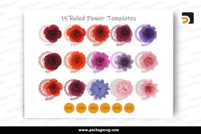 15 Rolled Paper Flower Templates, SVG & DXF Cut Files for Cricut and Silhouette