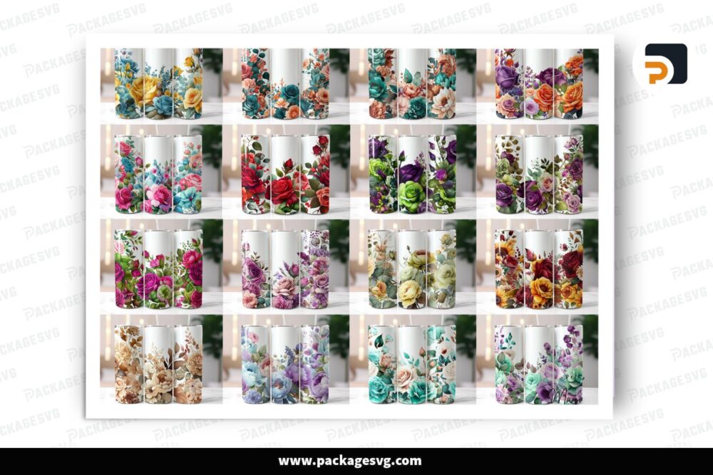 16 Designs Tumbler Wrap Bundle, 20 oz Watercolor Flowers Sublimation