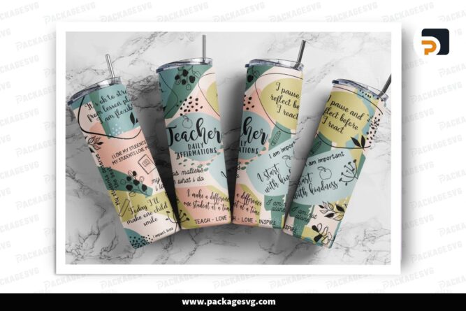 20 oz Skinny Tumbler Teacher Affirmations PNG, Teacher Life Sublimation Template