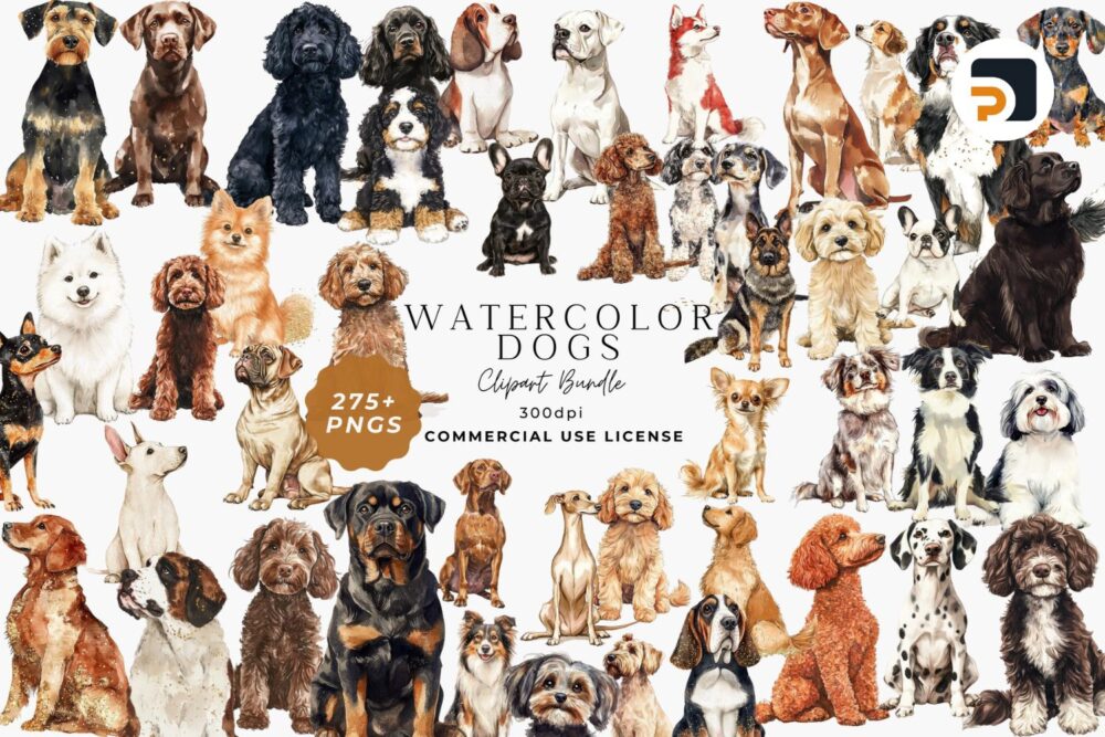 275 Plus Watercolor Dog PNG Bundle, Classic Pet Clipart, Coquette Dog Sublimation Designs