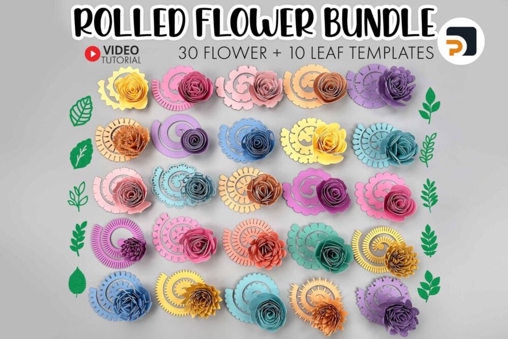 30 Rolled Flower SVG + 10 Leaf SVG, 3D Paper Flowers, Rolled Rose SVG, Leaves for Cricut & Silhouette, DIY Craft Cut Files