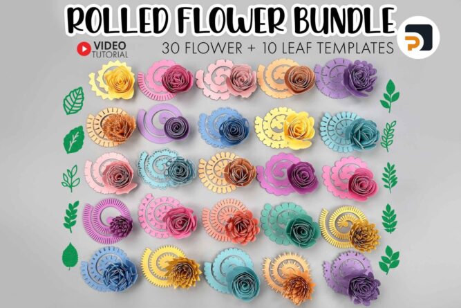30 Rolled Flower SVG + 10 Leaf SVG, 3D Paper Flowers, Rolled Rose SVG, Leaves for Cricut & Silhouette, DIY Craft Cut Files