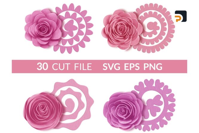 30 Rolled Flower SVG Bundle, Paper Rose & Foliage Leaf Templates
