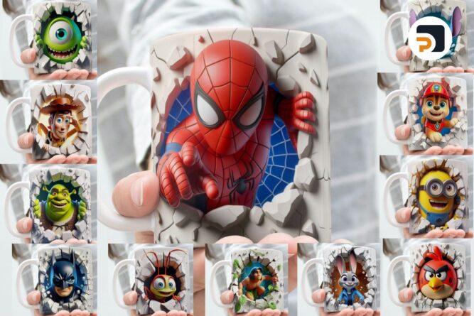 3D Effect PNG Sublimation Bundle for 11 oz & 15 oz Mugs, 24 Classic Cartoon Movie Character Mug Wraps