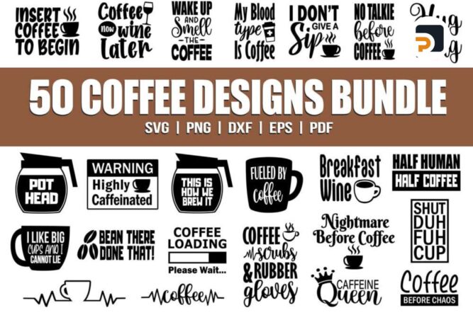 50 Coffee SVG Bundle for Mug Designs, Funny Quotes for Cricut & Laser Cutting