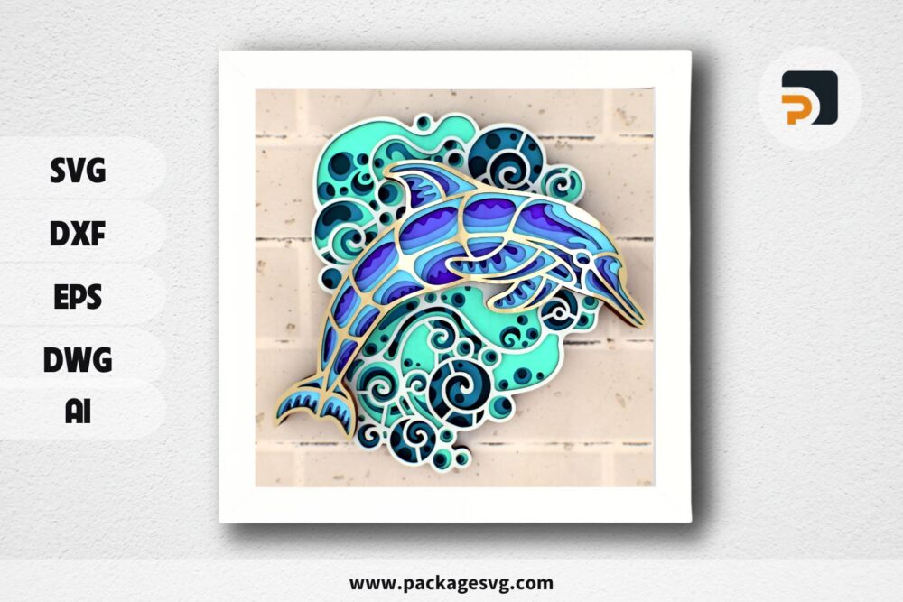 Dolphin on the Wave 3D Mandala SVG, Multilayer Laser Cutting File for Cricut & CNC