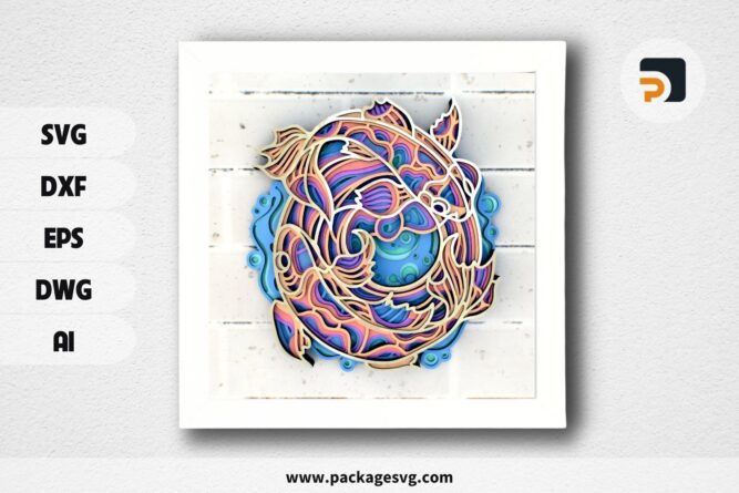 Fishes Mandala SVG, Multilayer 3D Laser Cut File