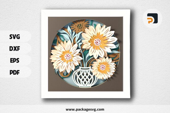 Flower Bouquet SVG Shadow Box, 3D Flowers in Vase Layered Paper Craft