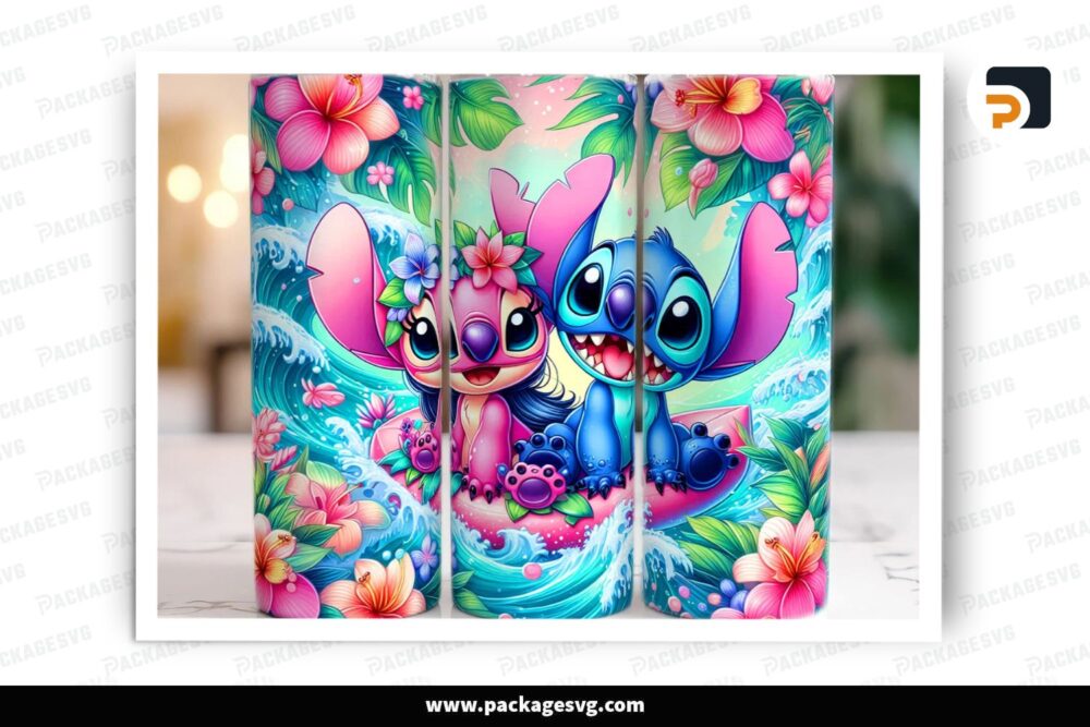 Funny Stitch Summer 20oz Skinny Tumbler Wrap, Beach Cartoon Sublimation PNG