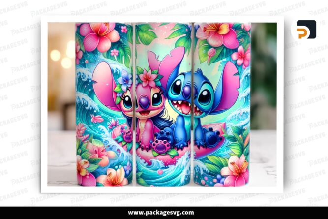 Funny Stitch Summer 20oz Skinny Tumbler Wrap, Beach Cartoon Sublimation PNG