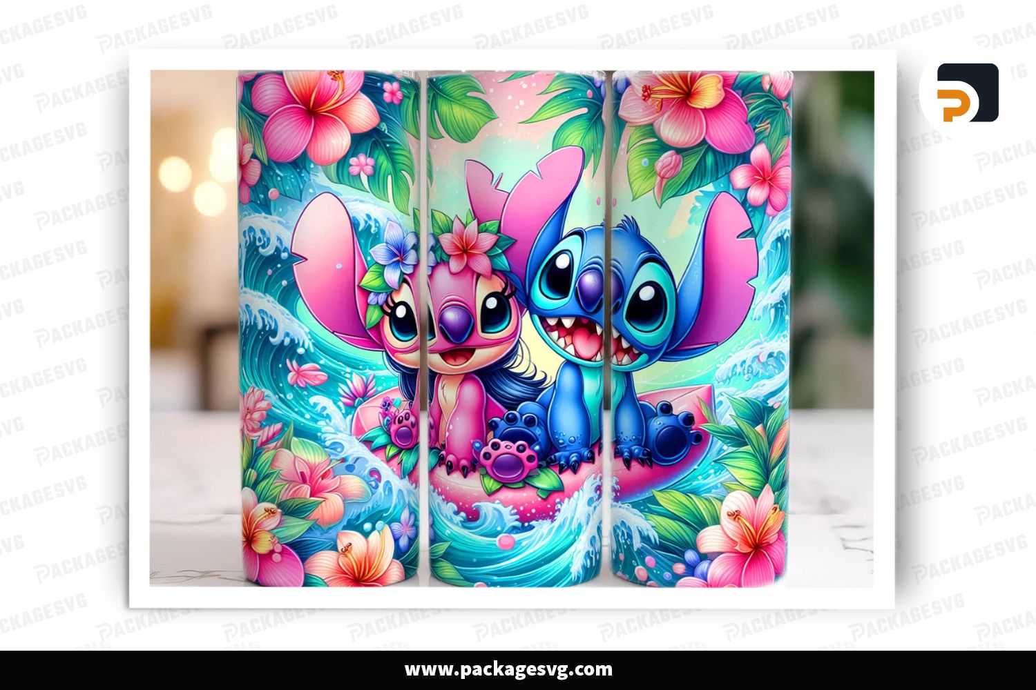 Funny Stitch Summer 20oz Skinny Tumbler Wrap, Beach Cartoon Sublimation PNG