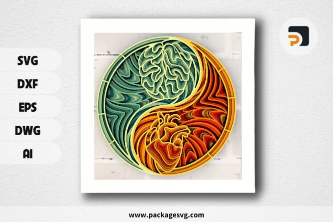 Heart and Brain Balance Mandala SVG, Multilayer design for laser cutting