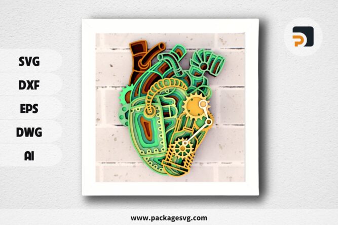 Mechanical Steam Heart Mandala SVG, Layered Steampunk Heart Design for Laser Cutting