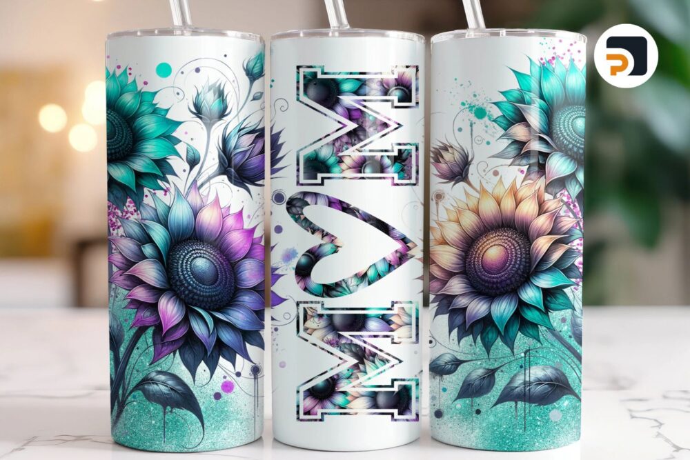 Mom Tumbler Wrap Sunflowers, 20oz Skinny Tumbler PNG, Sublimation Design for Mother’s Day