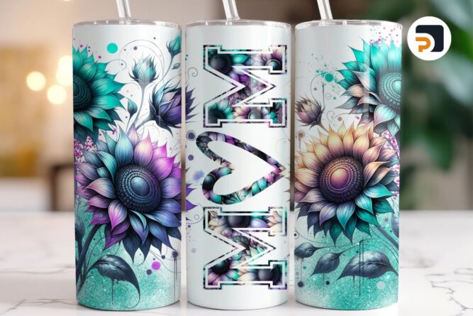 Mom Tumbler Wrap Sunflowers, 20oz Skinny Tumbler PNG, Sublimation Design for Mother’s Day