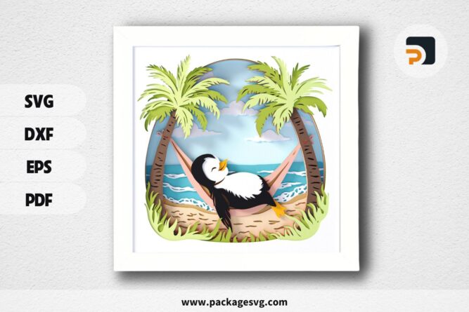 Penguin on the Beach 3D SVG Shadow Box, Layered Seascape Design for Cricut