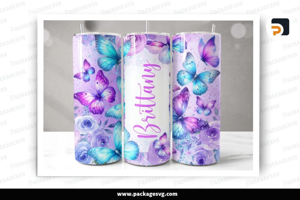 Personalized Butterfly Tumbler Wrap PNG, Blue & Purple Glitter Design for 20 oz Skinny Tumblers