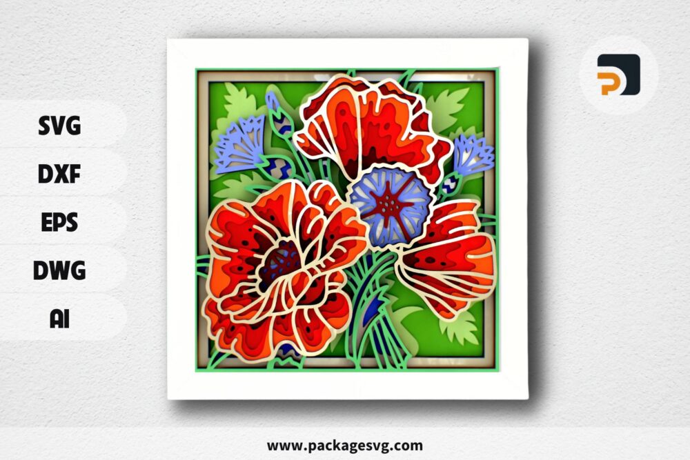 Poppies and Cornflowers 3D Mandala SVG, Multilayer Laser Cutting Panel