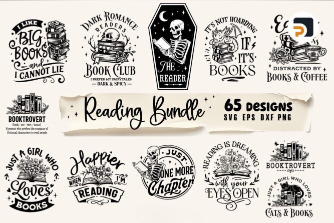Reading SVG Bundle, 65 Book Lover Designs, Floral Books, Book Dragon, and More