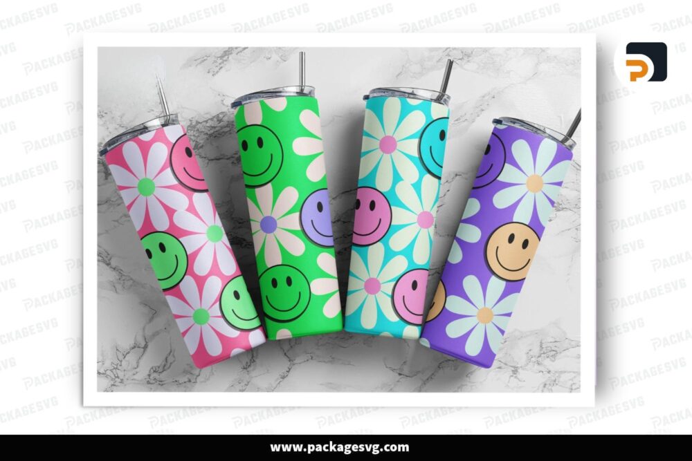 Retro Daisy Smile Face 20oz Skinny Tumbler PNG, Teal Sublimation Design (4 Designs)