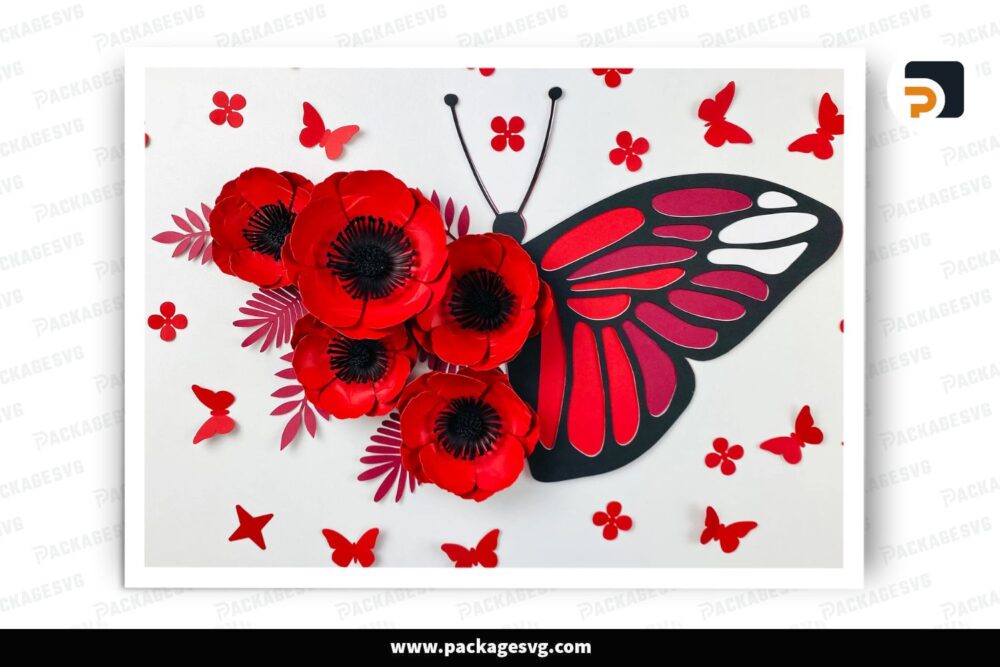 SVG Floral Butterfly Template, Paper Poppy Cricut File for Valentine’s Day & DIY Crafts
