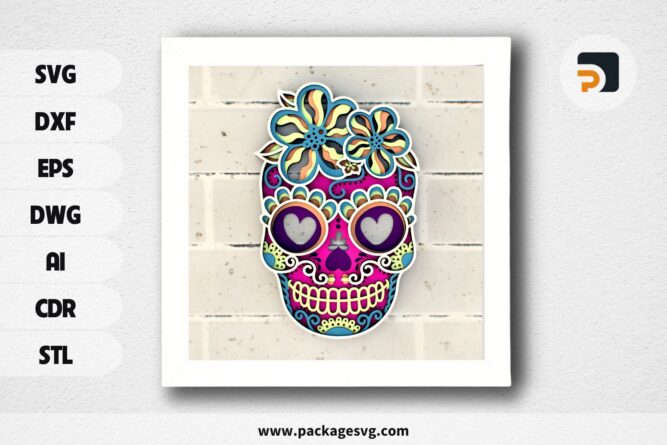 Sugar Skull 3D Mandala SVG, Layered Papercut Design for Cricut & CNC