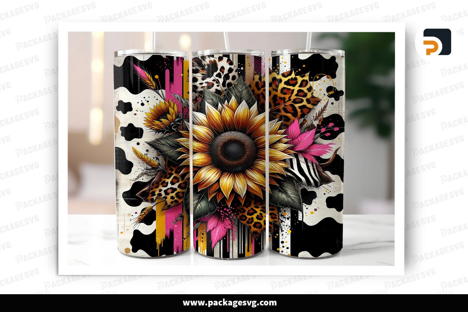 Sunflower Cow Print Tumbler Wrap PNG, 20oz Skinny Tumbler Sublimation Design
