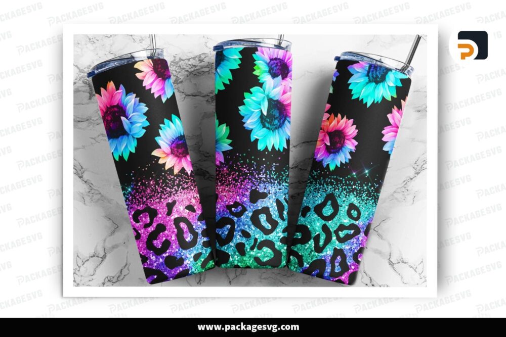 Sunflowers & Glitter Leopard Tumbler Wraps, Seamless 20oz Skinny Tumbler PNG
