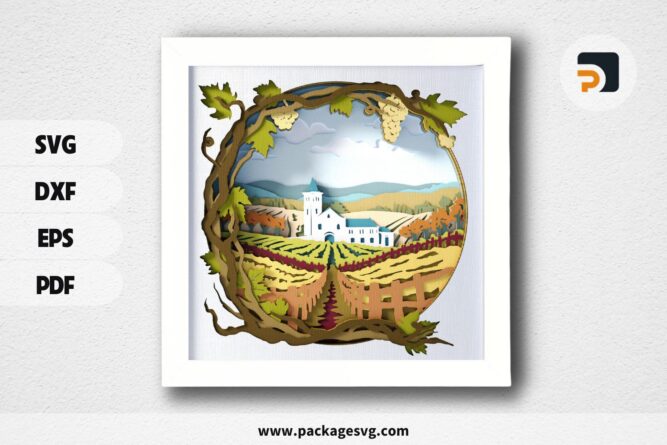 Vineyard Shadow Box SVG Template, Layered 3D Grapes Scene for Cricut