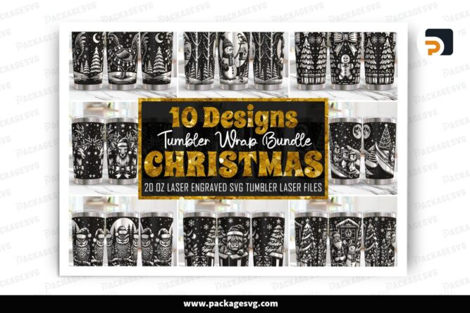 10 Christmas Tumbler Wrap SVG Bundle, 20oz Laser Engraving Files