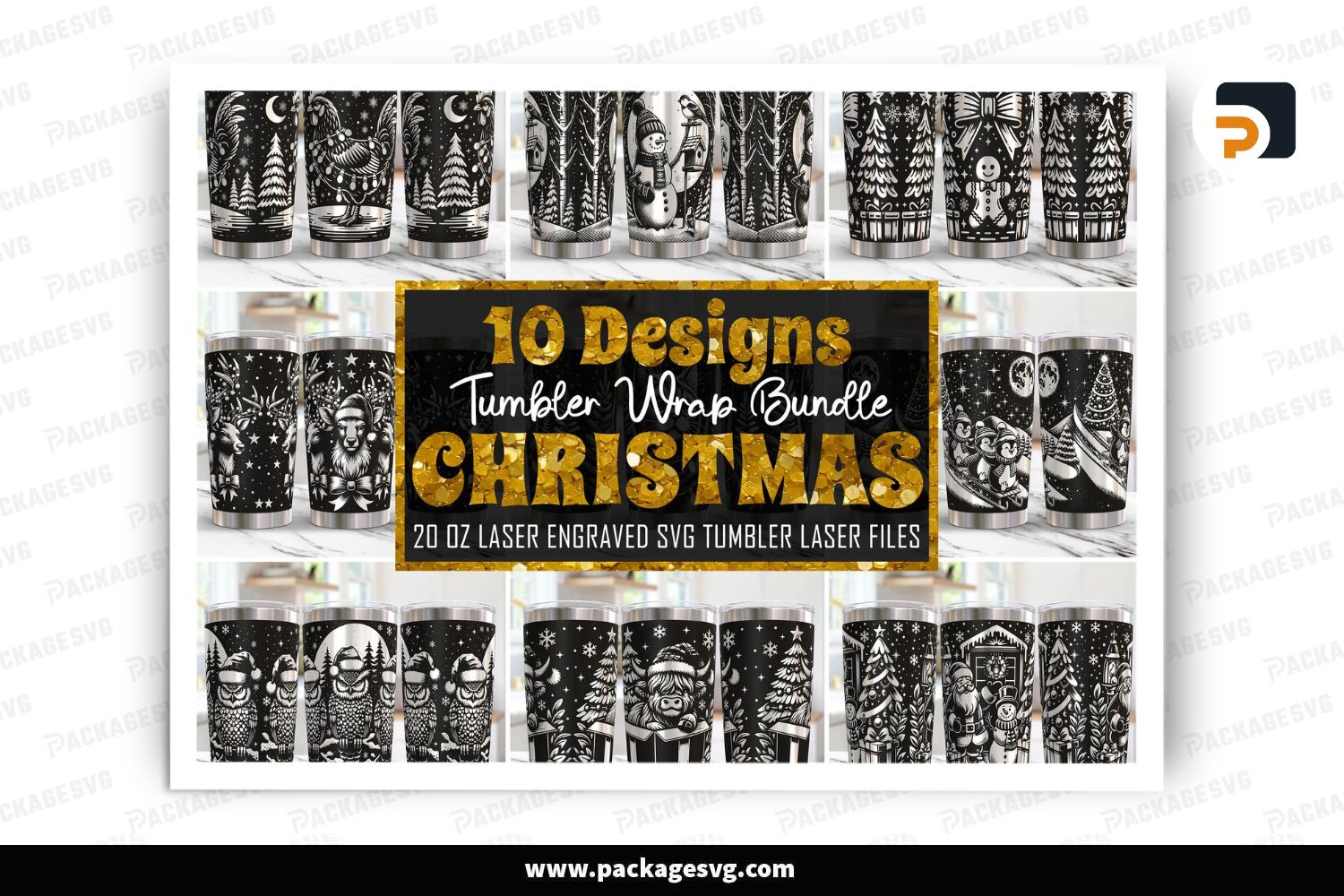 10 Christmas Tumbler Wrap SVG Bundle, 20oz Laser Engraving Files