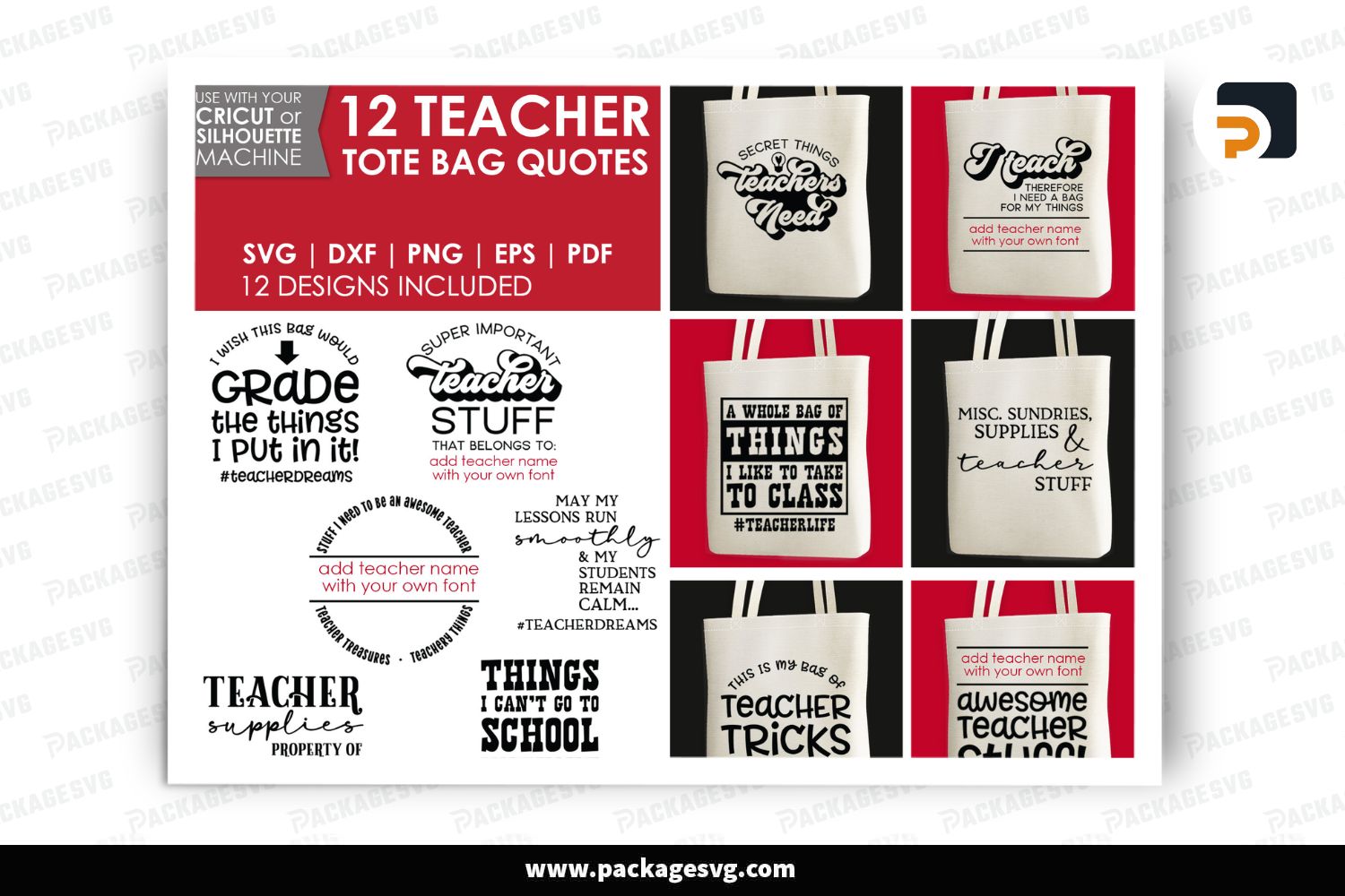 12 Teacher SVG Bundle with Inspirational Quotes for Tote Bags